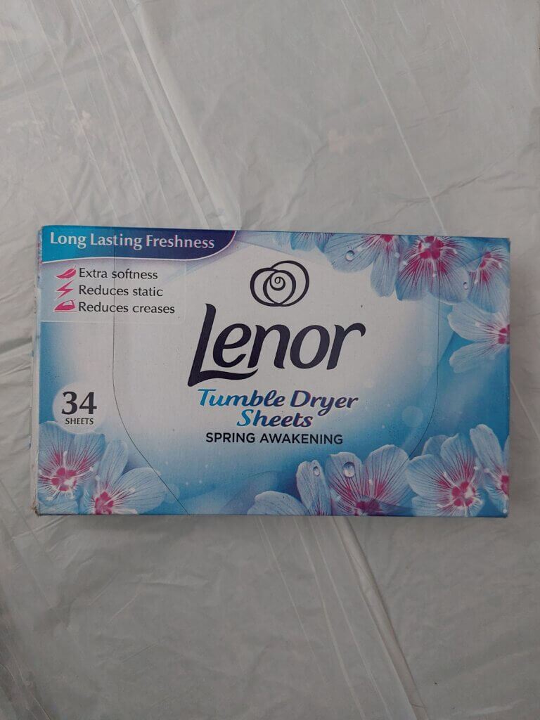 A blue box of Lenor dryer sheets