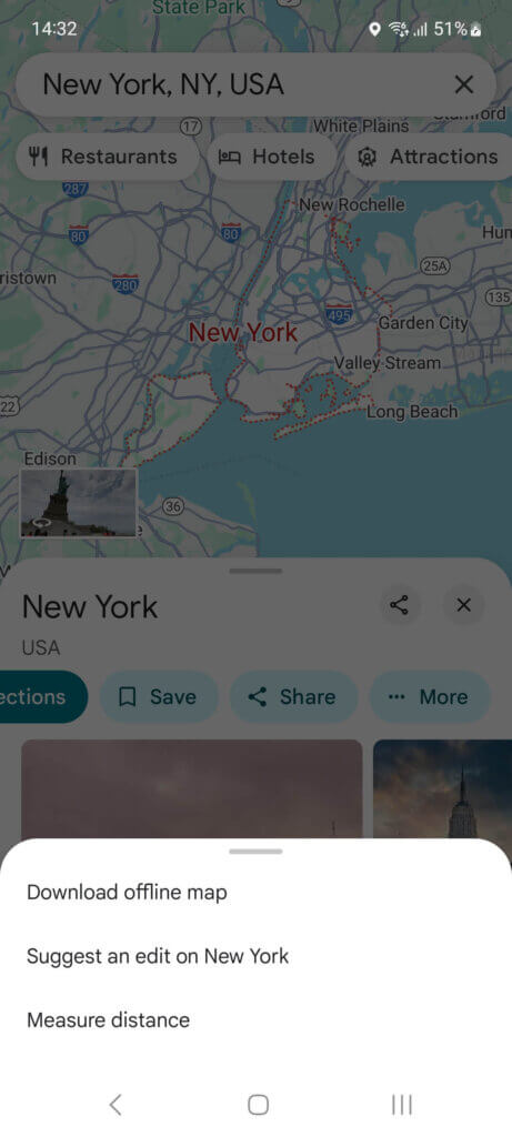 A screenshot of a mobile phone to show how to download Google Maps offline when planning a trip. The example used in the screenshot is a map of New York.