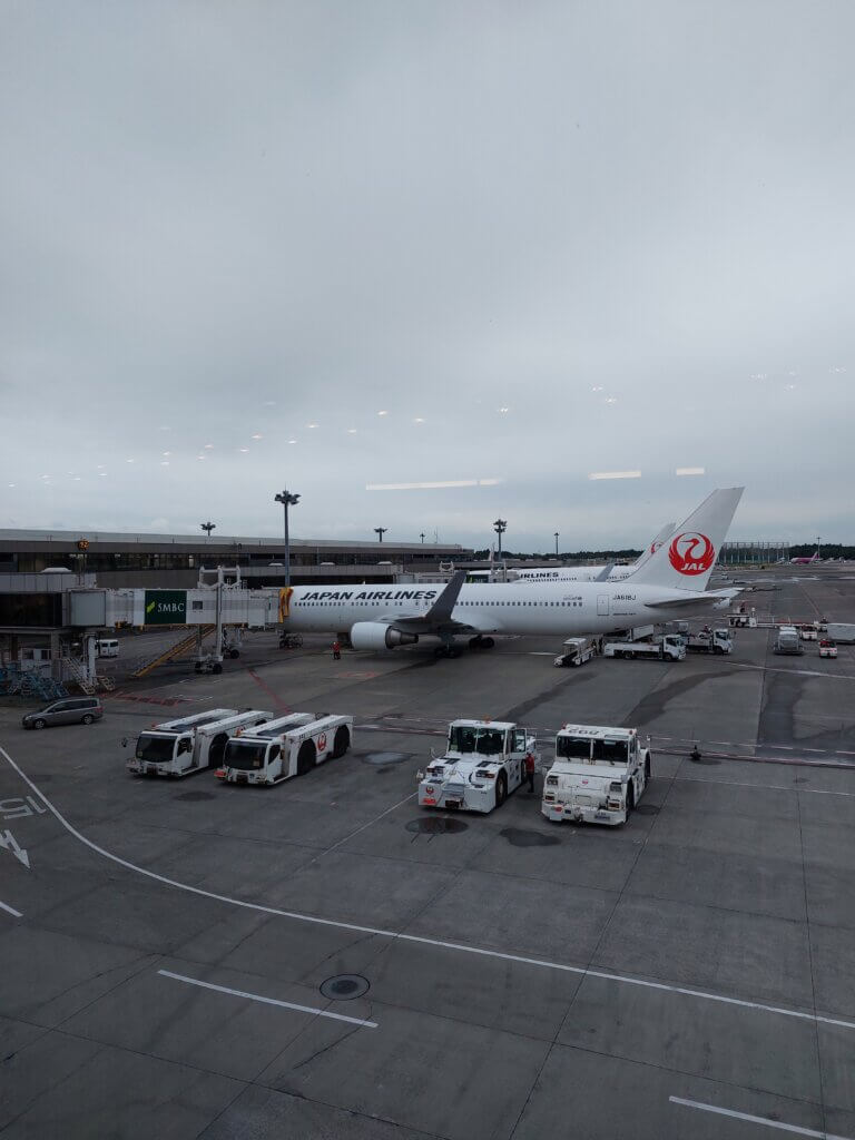 A view from an airport terminal of a Japan Airlines plane being prepared for a flight