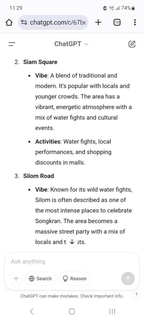A screenshot of a conversation with ChatGPT about the different areas in Bangkok during Songkran