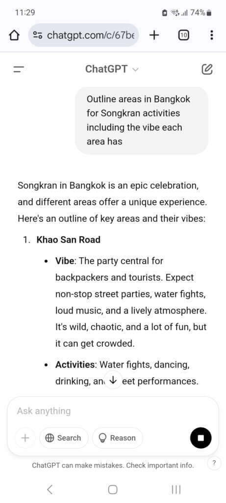A screenshot of a conversation with ChatGPT about the different areas in Bangkok during Songkran