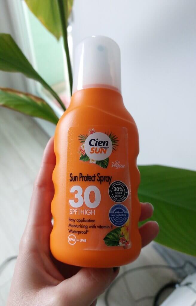A bottle of Cien water-resistant spray sunscreen