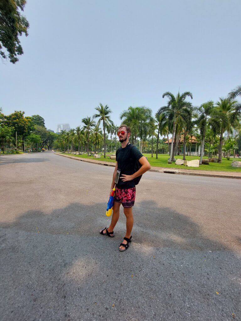 Daniel standing in the Lumphini Park wondering: is Songkran worth it? The answer? Yes!