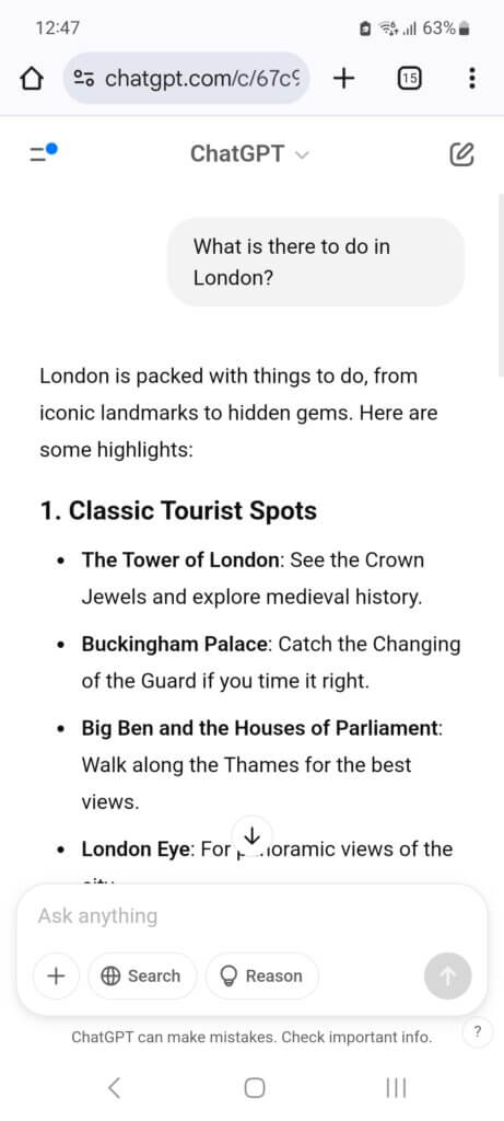 How to Use AI for Travel Planning: An Effortless Guide 8 Using AI for travel planning - A screenshot of a conversation with ChatGPT using a vague prompt of: "What is there to do in London?"