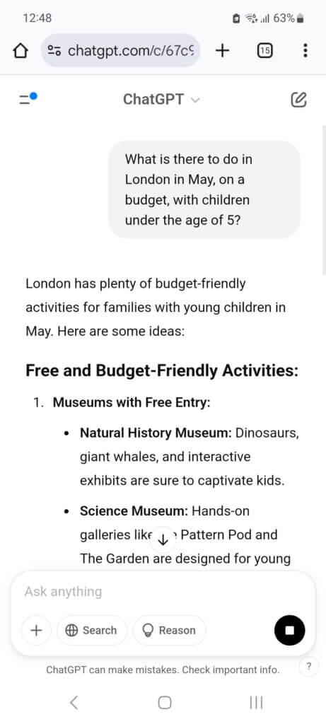 How to Use AI for Travel Planning: An Effortless Guide 9 A screenshot of a conversation with ChatGPT using a specific prompt of: "What is there to do in London in May, on a budget, with children under the age of 5?"