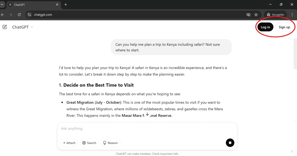 How to Use AI for Travel Planning: An Effortless Guide 7 A screenshot of a conversation with ChatGPT without logging in. The prompt is: "can you help me plan a trip to Kenya including safari? Not sure where to start."