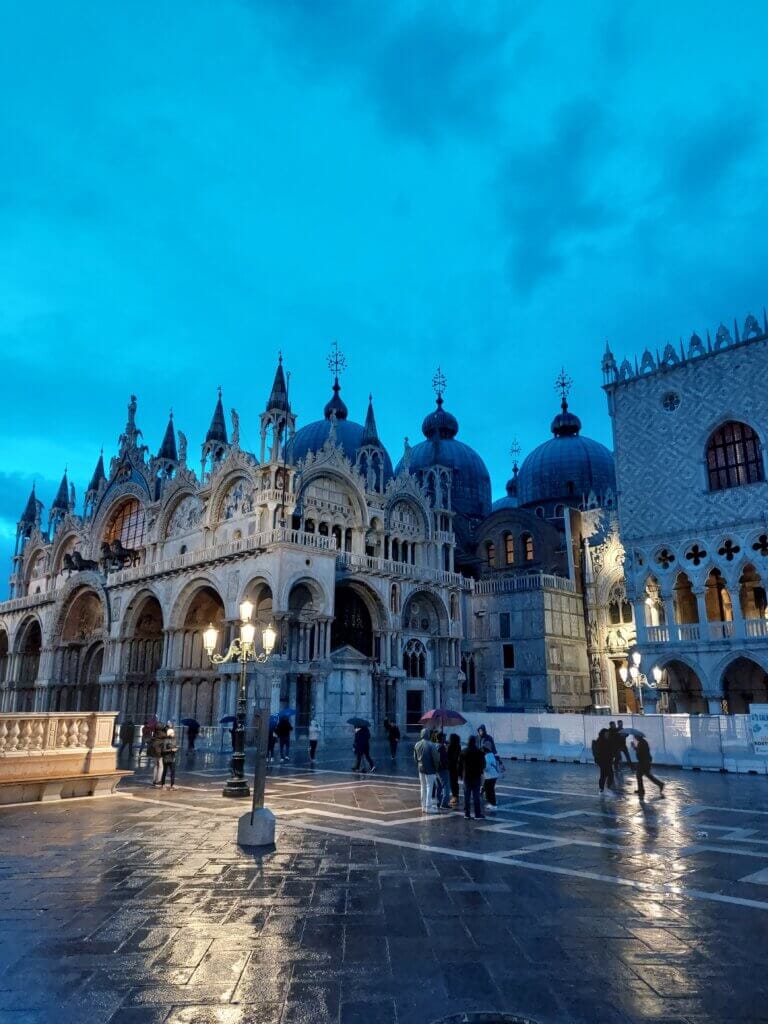 A nighttime shot of St Mark's Basilica