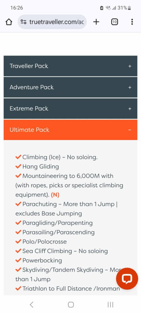 A screenshot of the 4 activity packs offered by True Traveller