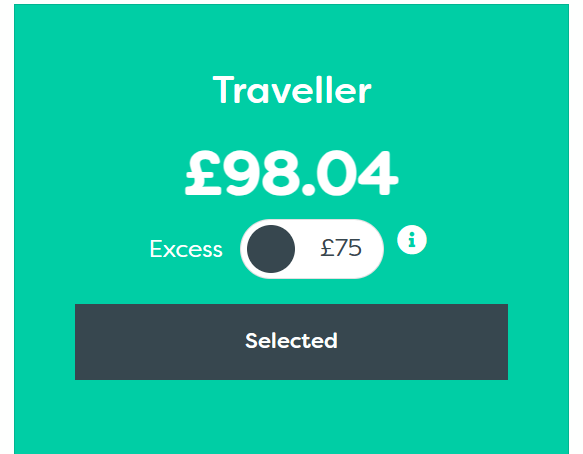 A screenshot of the price of insurance showing if you go for £75 excess, you pay £98.04 for your insurance