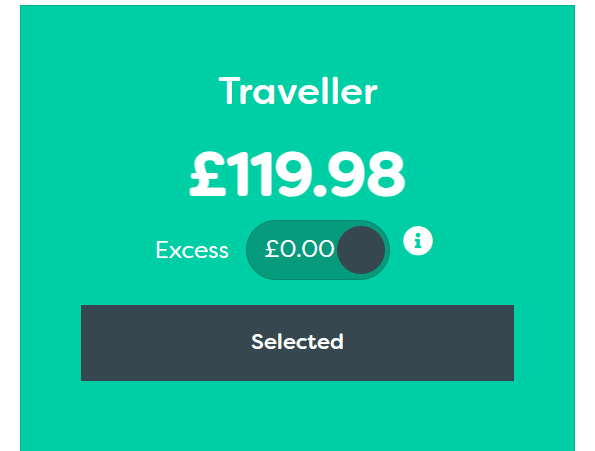 A screenshot of the price of backpacker travel insurance showing if you go for £0 excess, you pay £119.98 for your insurance