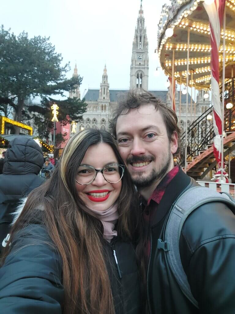 Mirka and Daniel posing outside of the Vienna Christmas market