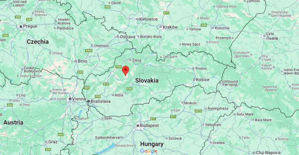 A map of Slovakia showing a location towards the north-west side of the country