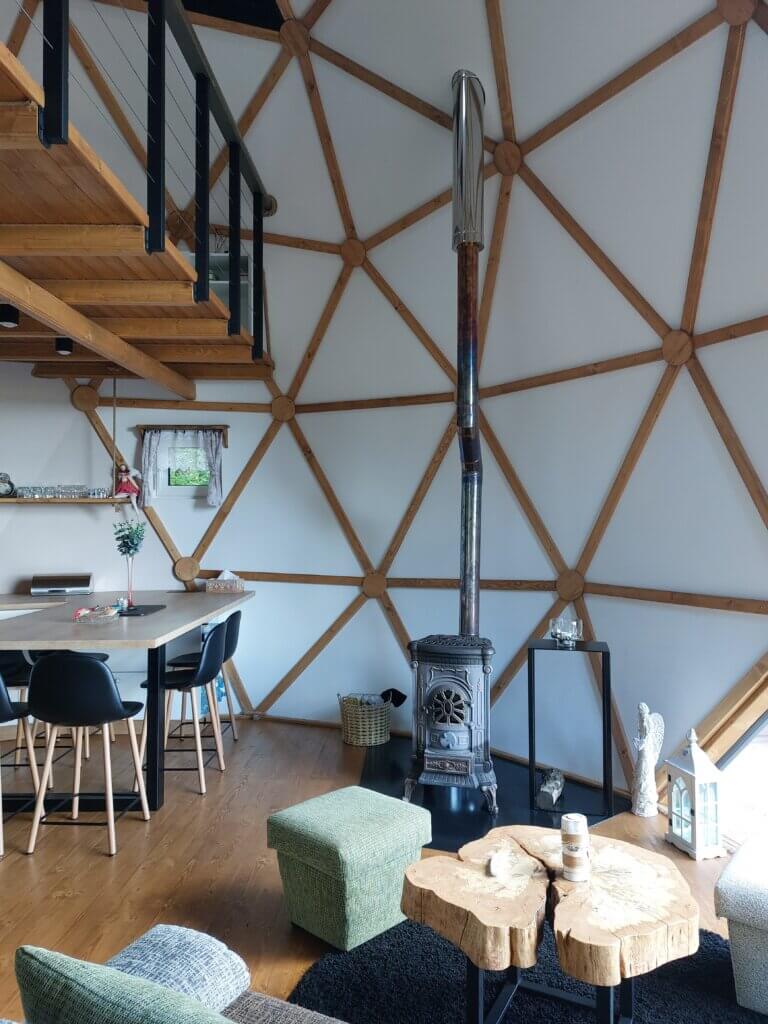 Part of the geodome's living room and dining area