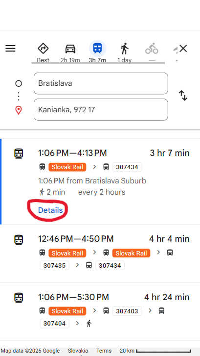 Screenshot of Google Maps showing options for getting from Bratislava to Kanianka by public transport