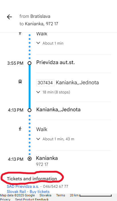 Screenshot of Google Maps showing options for getting from Bratislava to Kanianka by public transport