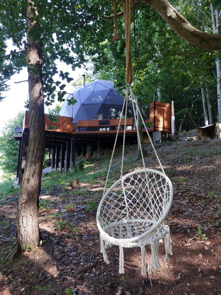 Geodome in the distance with a swing hanging off of a tree in front of it