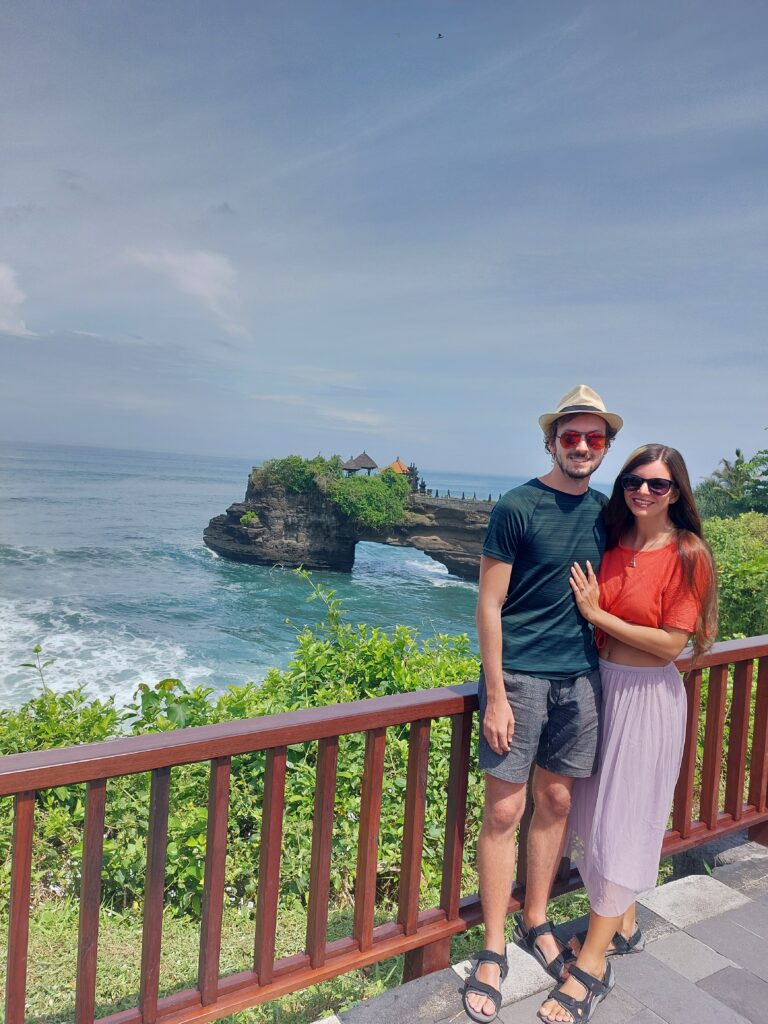 Mirka and Daniel posing near the Tanah Lot Temple in Bali