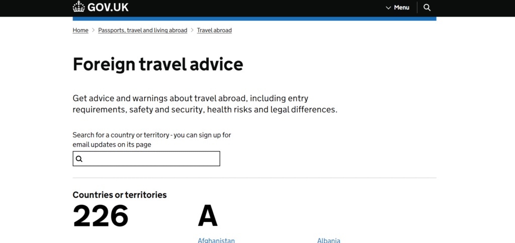 Foreign travel advice page on the gov.uk website to set up travel safety alerts