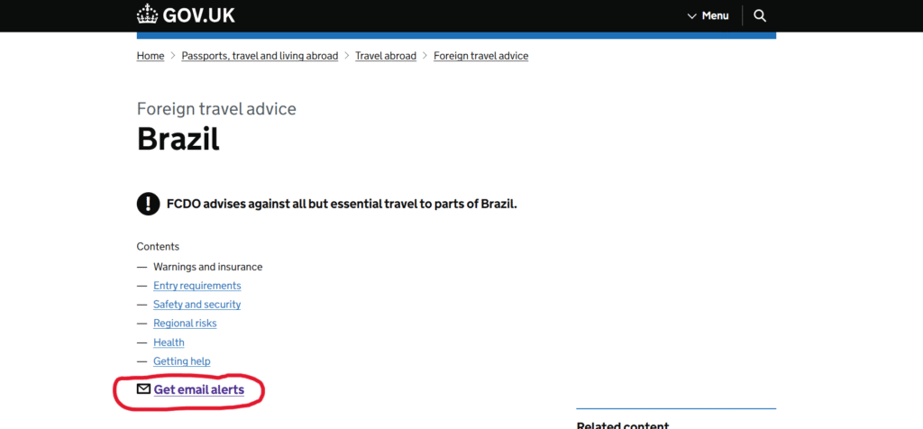 Gov.uk foreign travel advice page for Brazil highlighting a section which says "get email alerts"