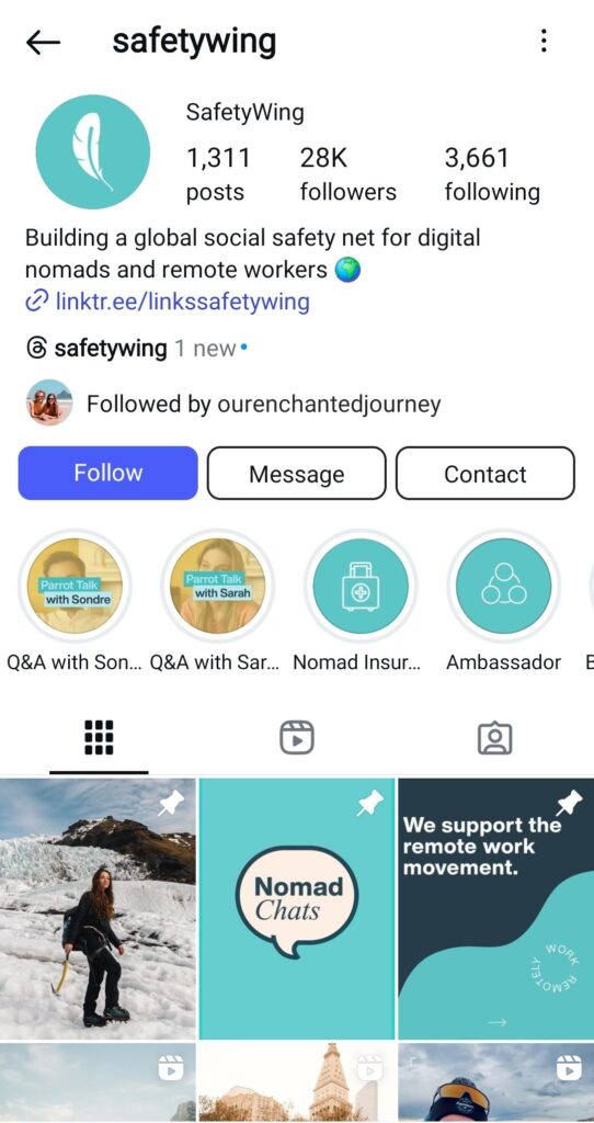 A screenshot of SafetyWing's Instagram page