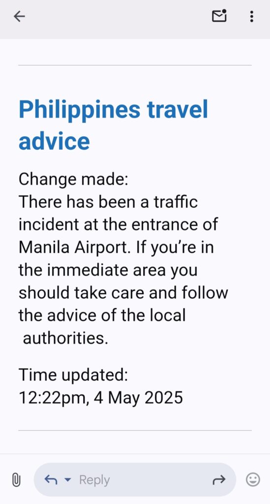 Travel safety alert for Philippines informing us that there was a traffic incident at the Manila Airport