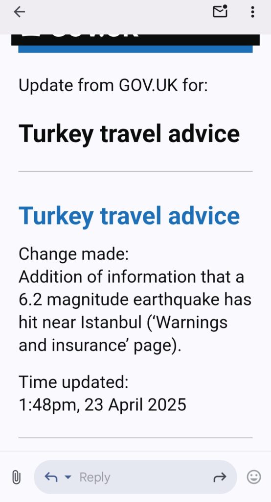 Travel safety alert for Turkey informing us that there was an earthquake near Istanbul