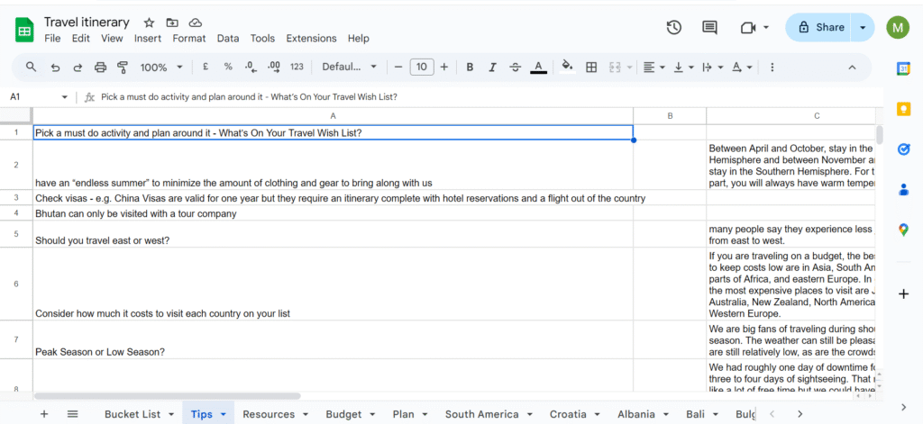 A screenshot of a Google Sheets document with many tabs including a budget tab to figure out how much money should I save to travel