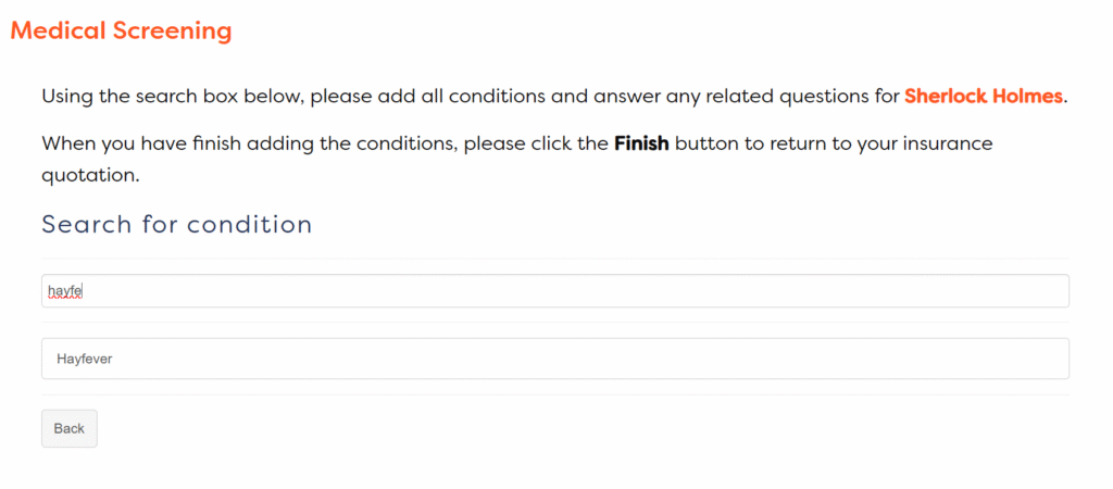 medical screening for a person called Sherlock Holmes, asking to search for a medical condition. The person searched for hayfever