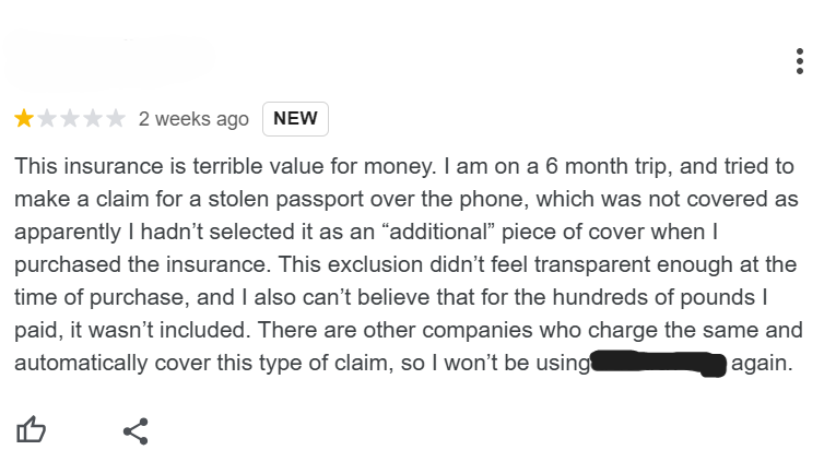 A screenshot of a 1* review where the customer is angry over their stolen passport not being covered while acknowledging they didn't pay for this additional cover when purchasing insurance