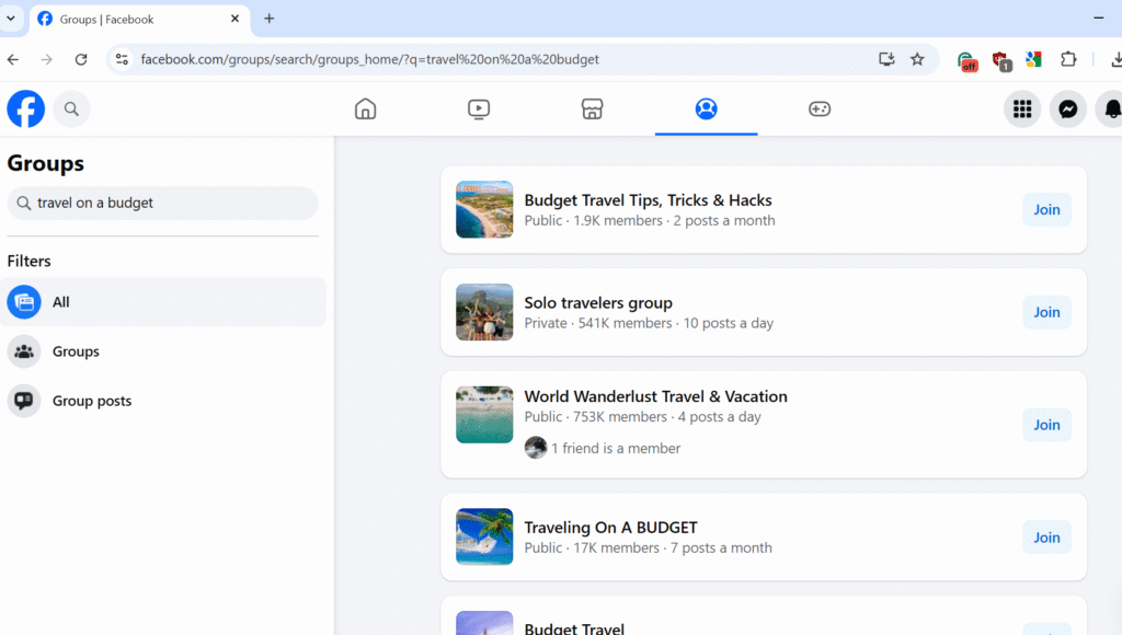 A search of "travel on a budget" on Facebook groups to show one of the tips on how to travel for free as a student