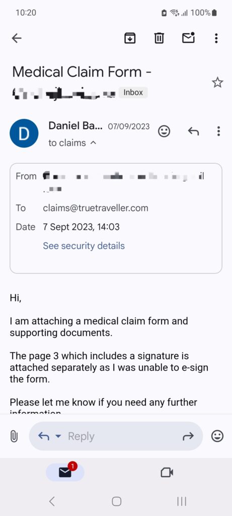 True Traveller experience - submitting claim email