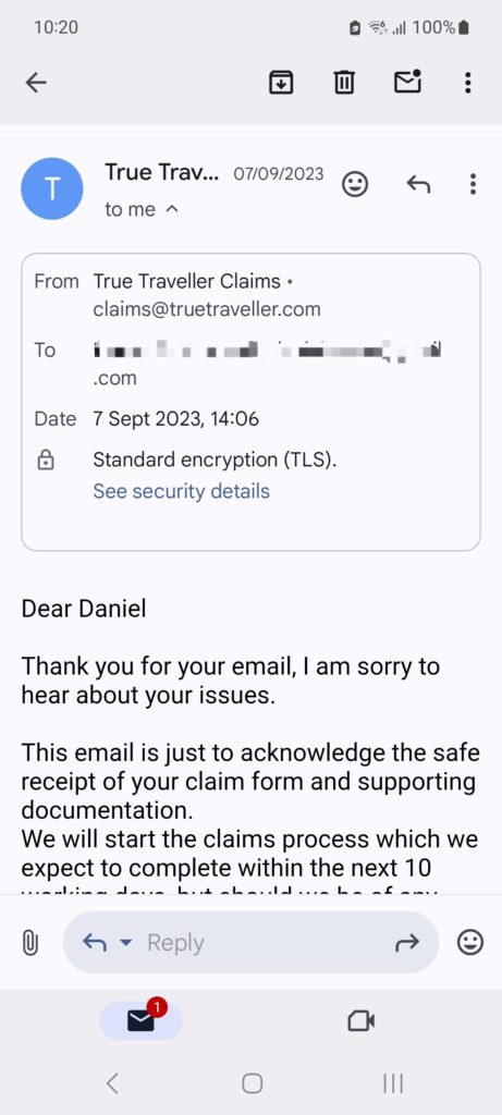 True Traveller experience -claim receipt email