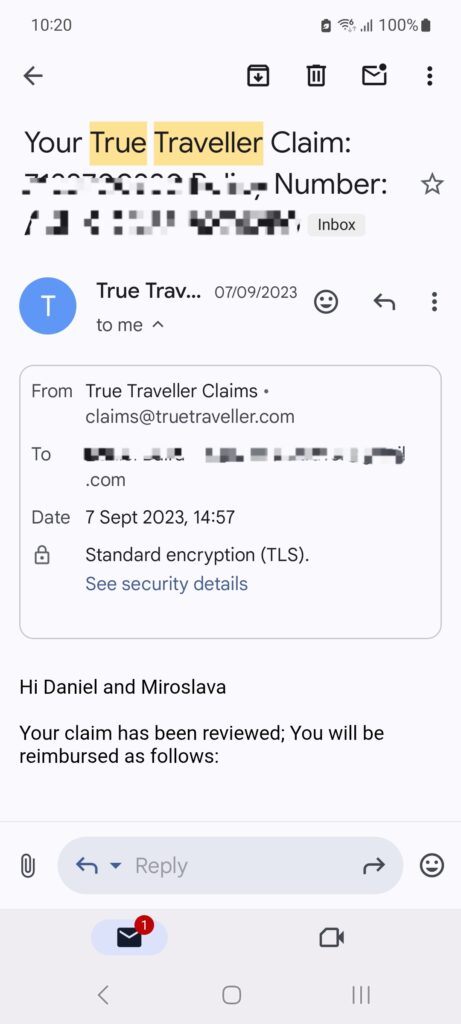 True Traveller experience - approving claim email