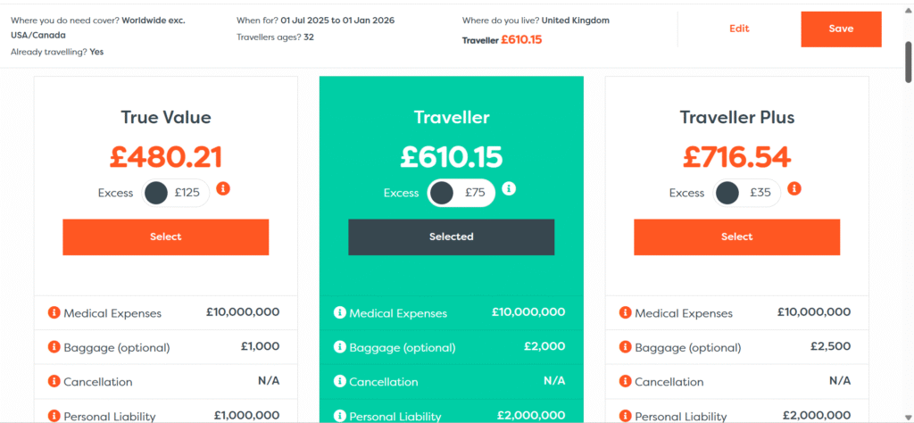 The 3 different levels of coverage by True Traveller insurance
