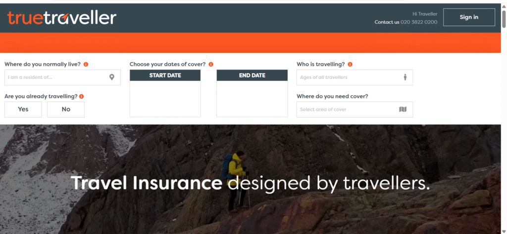A screenshot of the quote generator for True Traveller insurance