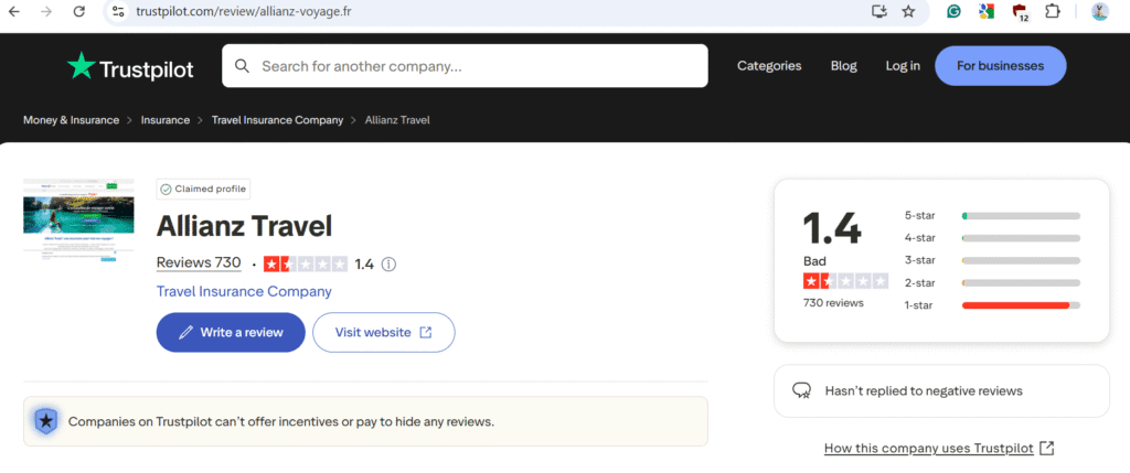 Bad Travel Insurance Companies: Our Controversial Opinion 3 Trustpilot page for Allianz Travel showing 1.4 rating with 730 reviews