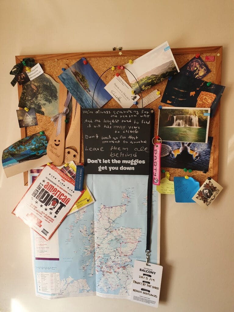 A corkboard with an assortment of pictures and memorabilia