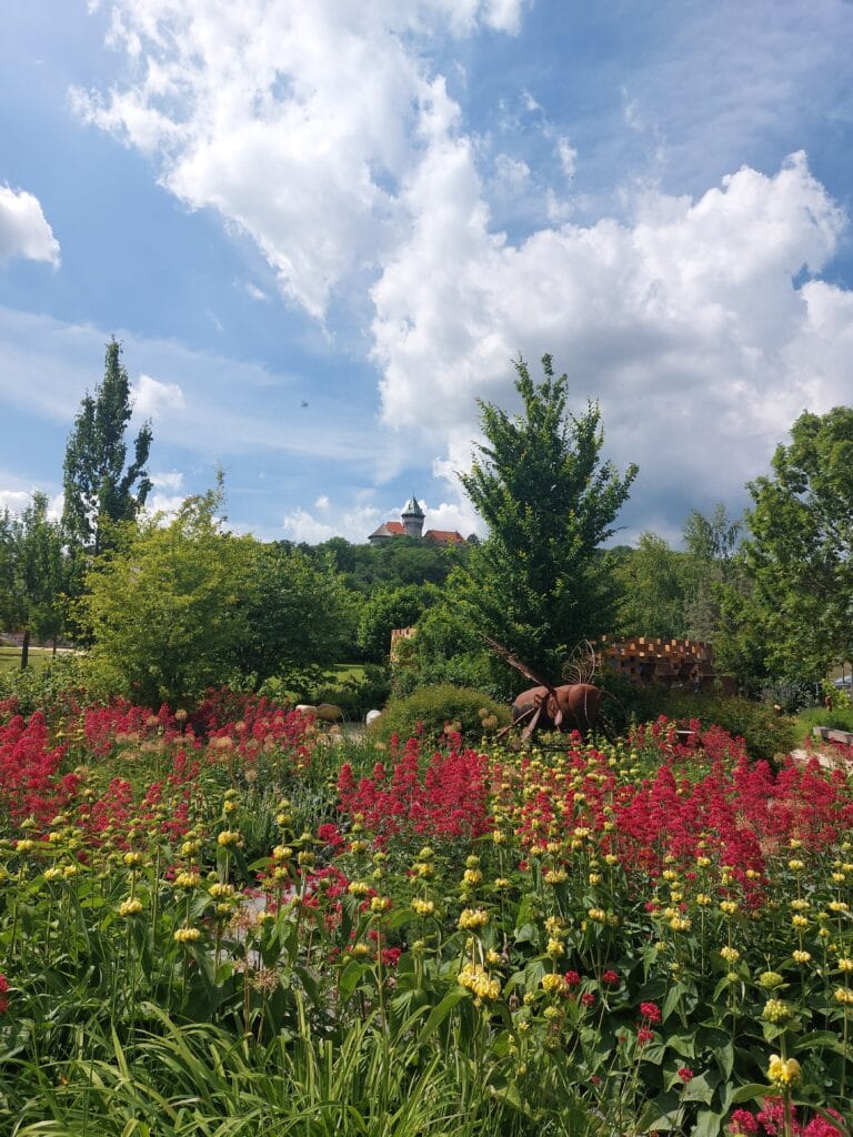 A flower garden with a castle above it