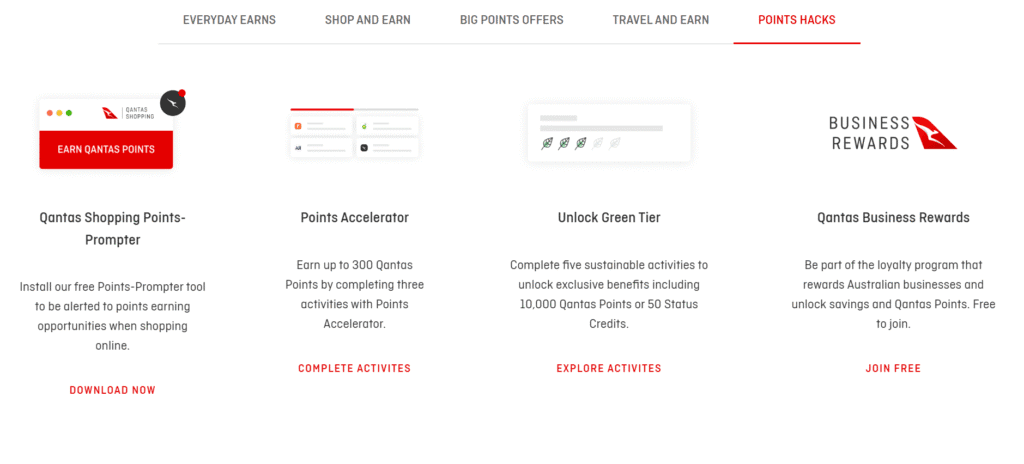 Point Hacks section of the Qantas frequent flyer programme