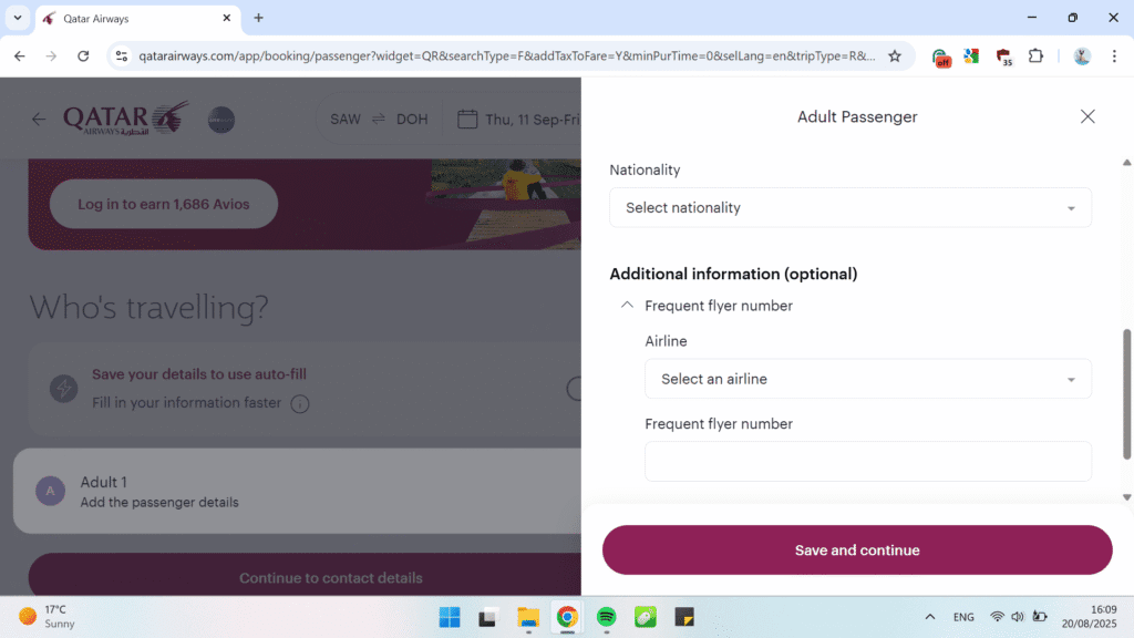 Booking a flight on a Qatar Airways website with a field for a frequent flyer number