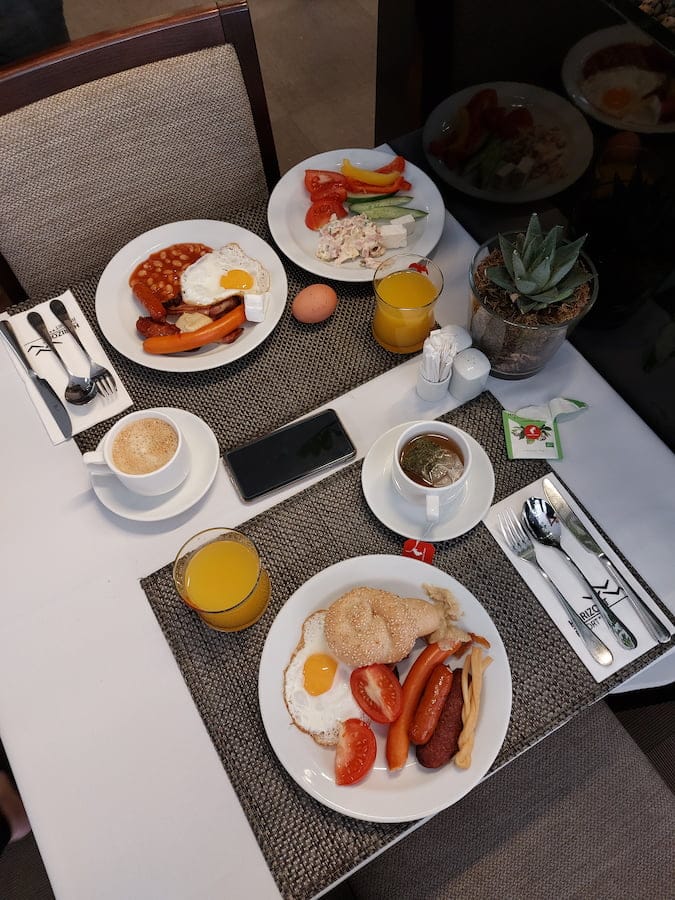 Hotel breakfast on a table