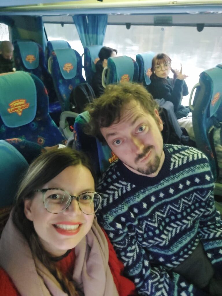 Mirka, Daniel and Mirka's sister on a bus