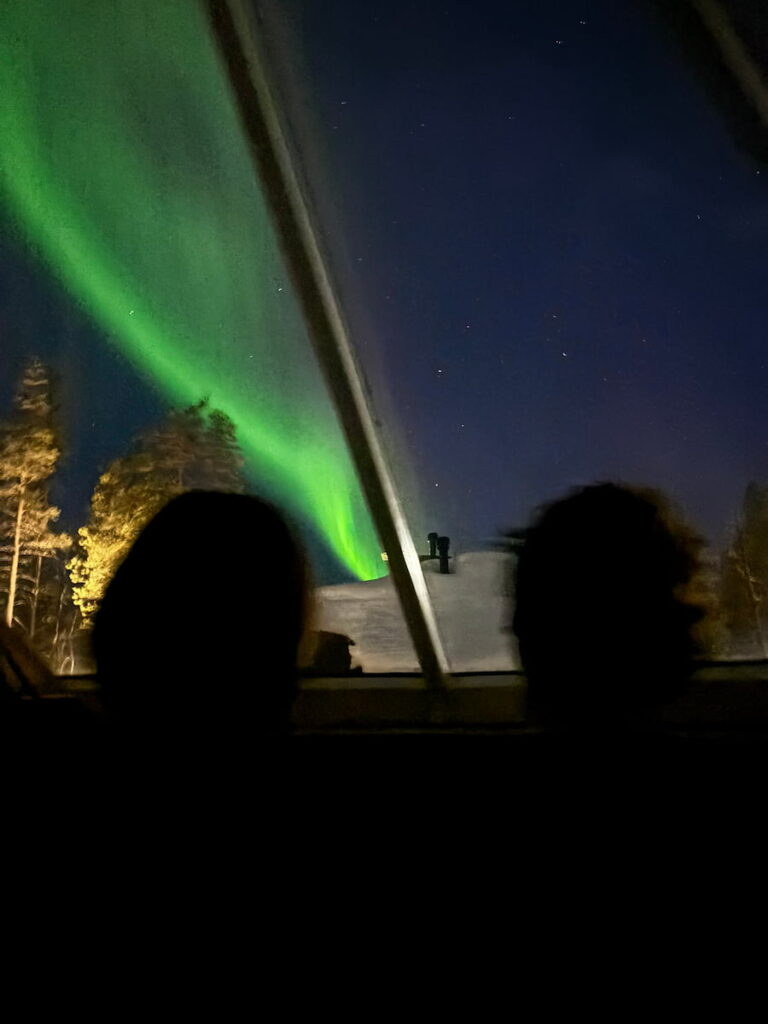 Dark outline of people watching aurora through a glass roof