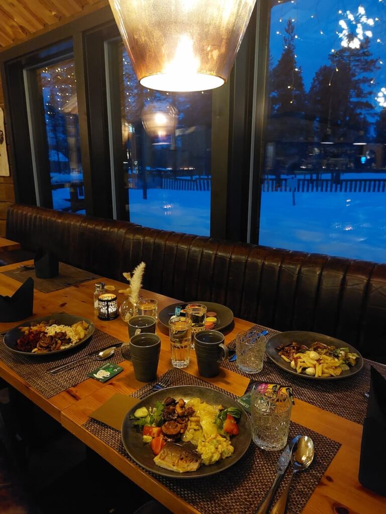 Dinner on a table with a snowy view