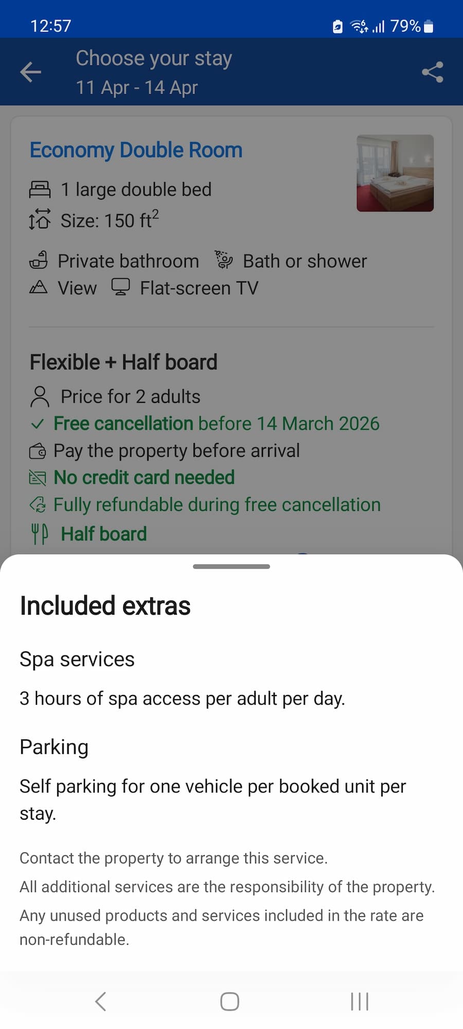 Booking.com info on a hotel with limited spa access of 3 hours per day