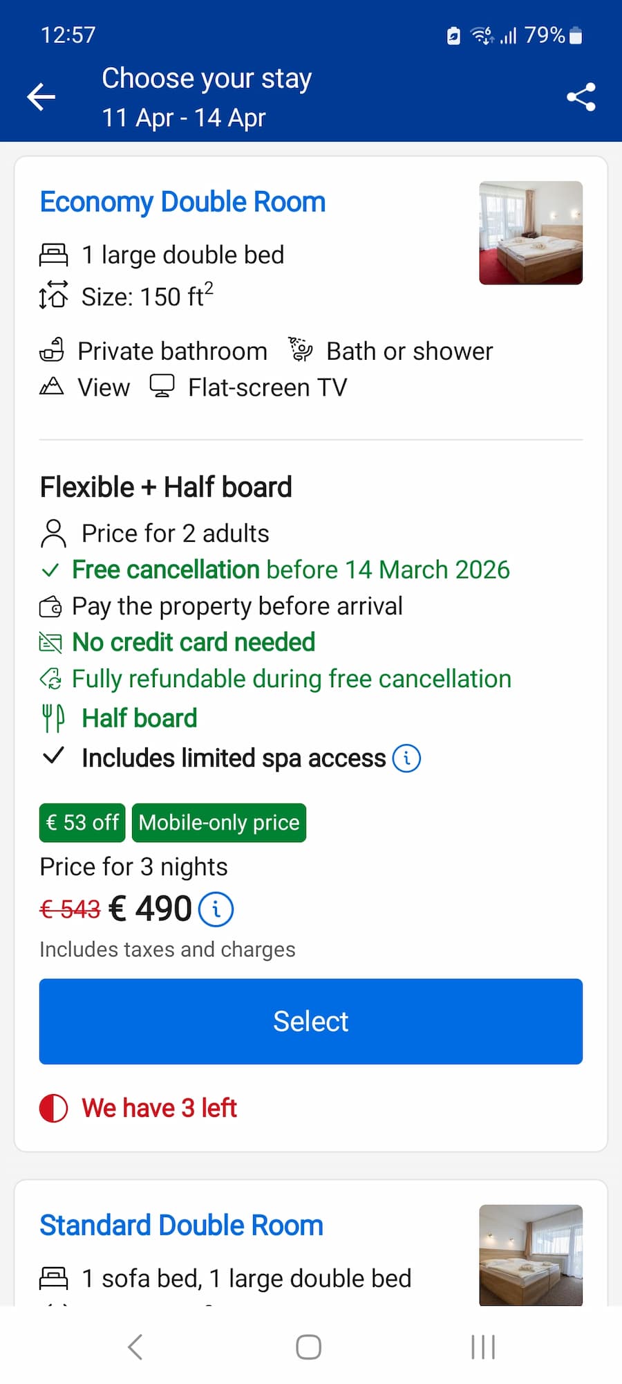 Booking.com info on a hotel with limited spa access