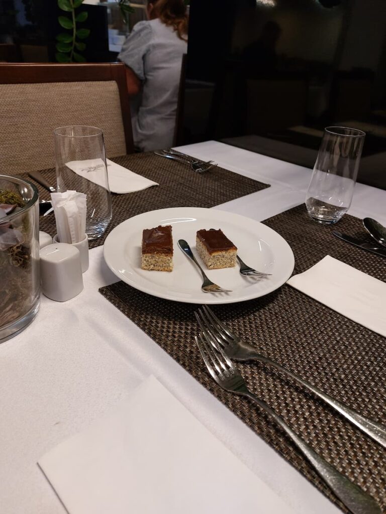 Enchanted…ish: Our Shockingly Bad 4 Star Hotel Stay in Slovakia 14 Two squares of a poppy cake with chocolate glaze