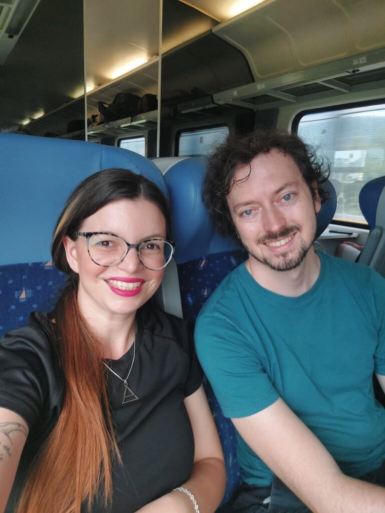 Mirka and Daniel on a train to visit the High Tatras in Slovakia