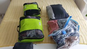 Packing cubes and vacuum bags packed for Lapland