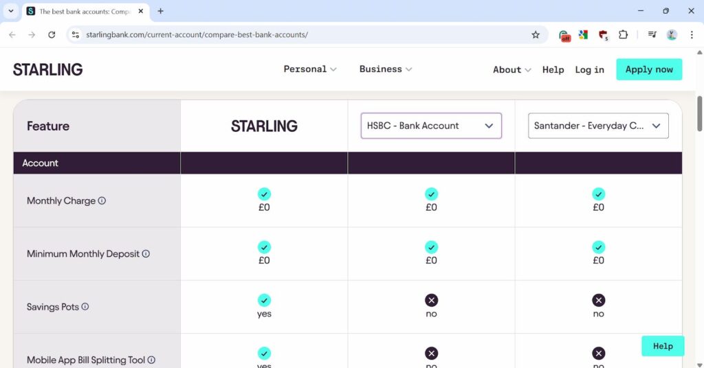 Starling bank comparison tool